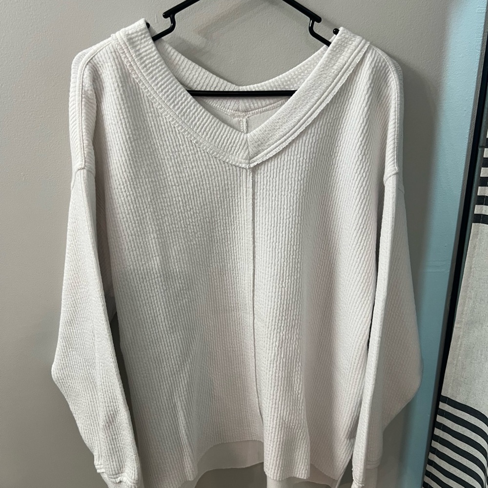 aerie White V-Neck Waffle Knit Sweater